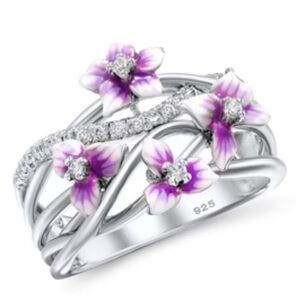 925 Sterling Silver Violet Flower Ring Size 6